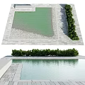Waterfront Landscape Design With Green Water Area Gray Stone Pavement And Neat Shrubs
