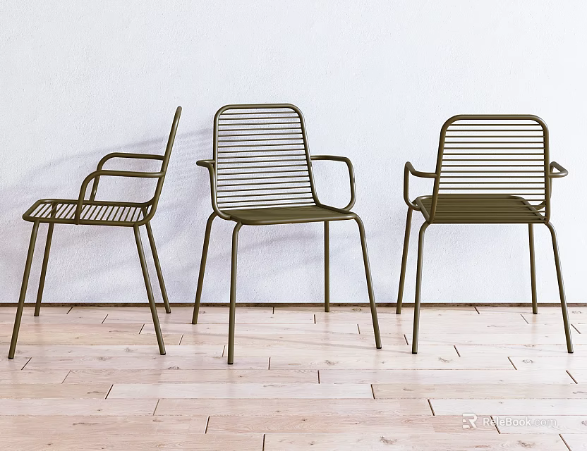 Three Modern Metal Wire Dining Chairs Slatted Back Armrests Light Wall Wooden Floor 3d model 