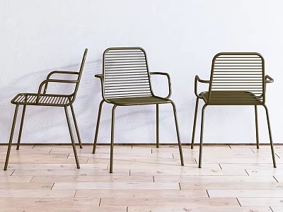 Three Modern Metal Wire Dining Chairs Slatted Back Armrests Light Wall Wooden Floor 3d model