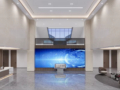 Modern Spacious Office Reception Lobby With Large Digital Screen And Elegant Marble Interior Design 3d model