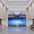 Modern Spacious Office Reception Lobby With Large Digital Screen And Elegant Marble Interior Design