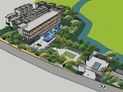 Modern Sales Office Building With Reflecting Pool And Lush Landscaped Gardens 3d model