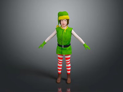 Elf Character In Green Costume With Red And White Striped Leggings And Hat 3d model