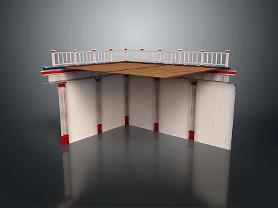 Scenic Landscape Viewing Platform With White Railing Wooden Floor And Red Bottomed Pillars 3d model