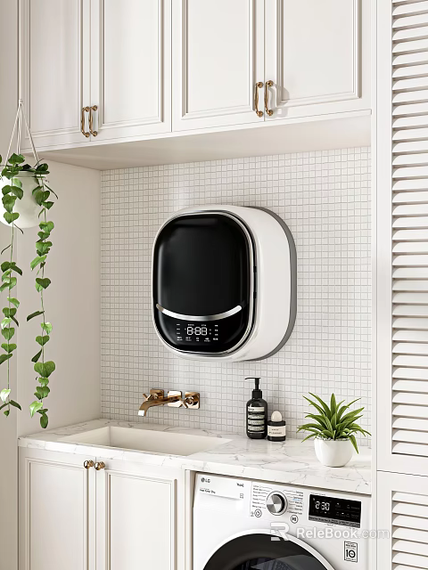 Bathroom Wall Mounted Black And White Storage Cabinet With White Tiled Wall Green Plants 3d model 