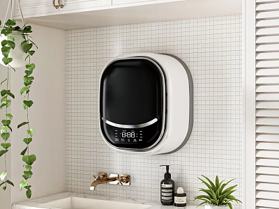 Bathroom Wall Mounted Black And White Storage Cabinet With White Tiled Wall Green Plants 3d model