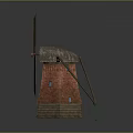 Wooden Windmill Model With Red Brick Body And Reflective Base On Dark Background