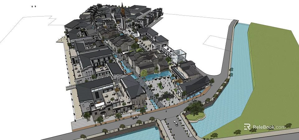 Traditional Commercial Street Featuring Waterfront Plaza Pedestrian Areas And Classic Buildings 3d model 