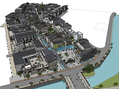Traditional Commercial Street Featuring Waterfront Plaza Pedestrian Areas And Classic Buildings 3d model