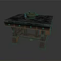 Rustic Wooden Dining Table With Black Tabletop And Pot On Surface