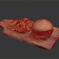 Juicy Hamburger With Cheese Patty And Fresh Vegetables Served With Crispy Fries On Wooden Board