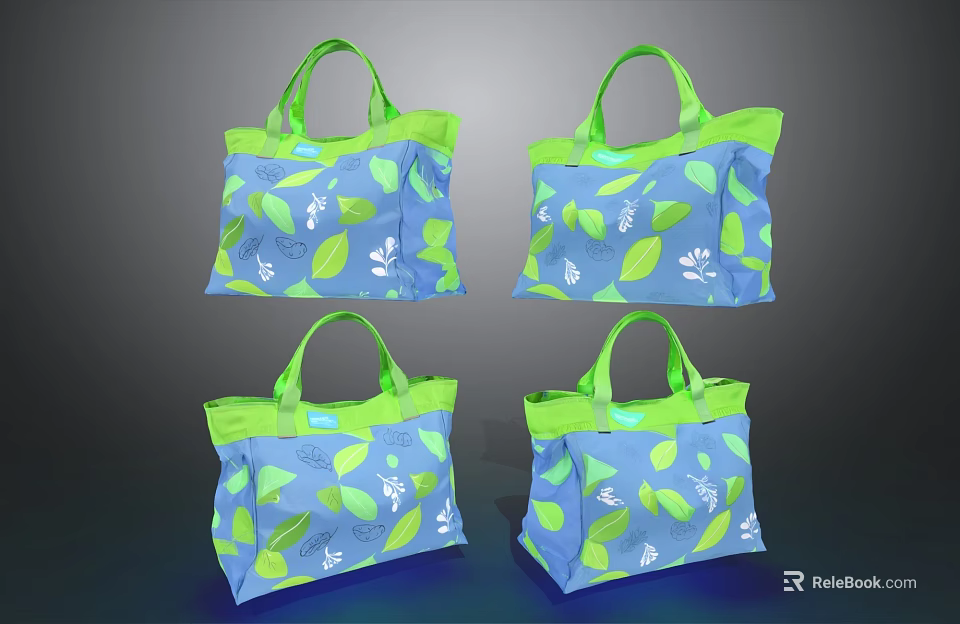 Blue Tote Bags With Green Handles And Decorative Leaf Patterns Design 3d model 