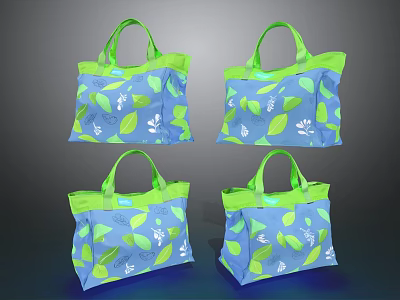 Blue Tote Bags With Green Handles And Decorative Leaf Patterns Design 3d model