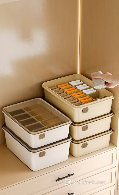 Organized Walk In Closet With Beige Storage Bins And Hand Accessing Tidy Items 3d model 