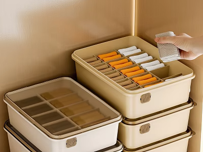 Organized Walk In Closet With Beige Storage Bins And Hand Accessing Tidy Items 3d model