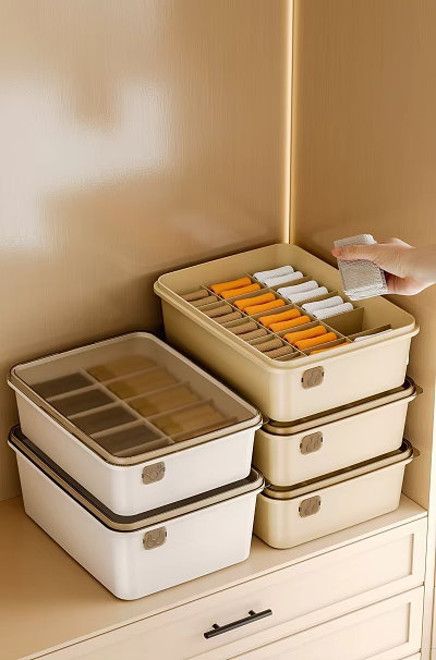 Organized Walk In Closet With Beige Storage Bins And Hand Accessing Tidy Items 3d model