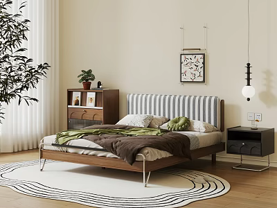 Wooden Double Bed with Striped Headboard Metal Legs Brown Blanket Green Pillows Nightstand and Rug 3d model