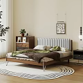 Wooden Double Bed with Striped Headboard Metal Legs Brown Blanket Green Pillows Nightstand and Rug