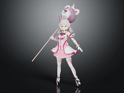 Anime Female Character With White Hair And Cute Creature On Staff In Pink Outfit 3d model