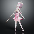 Anime Female Character With White Hair And Cute Creature On Staff In Pink Outfit