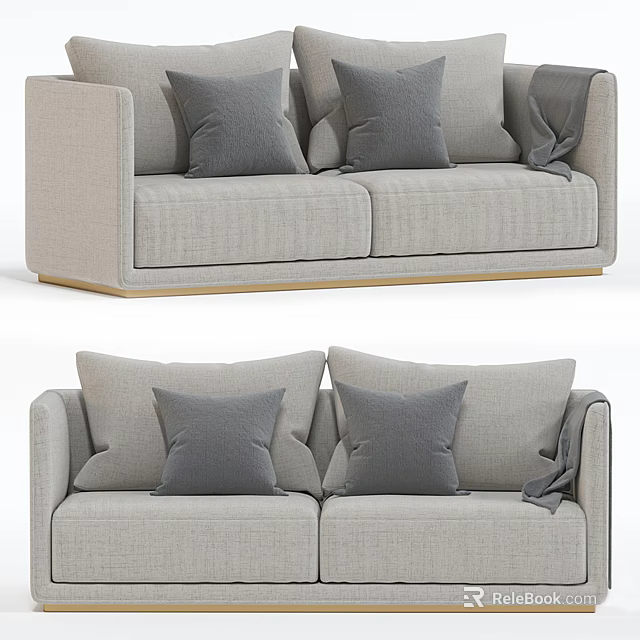 Modern Beige Fabric Two Seater Sofa With Gray Pillows And Soft Throw 3d model