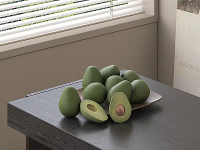 Fresh Ripe Avocados Halved With Pit On Plate Dark Table By Window 3d model