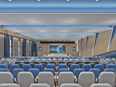 Modern Large Conference Room With Neatly Arranged Blue Gray Seats And Front Large Screen 3d model
