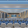 Modern Large Conference Room With Neatly Arranged Blue Gray Seats And Front Large Screen