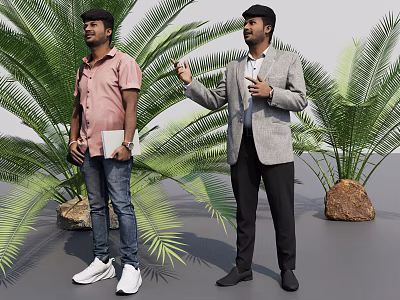 Two Men Standing By Palm Trees In Pink Shirt And Gray Blazer Holding Notebook And Cup 3d model