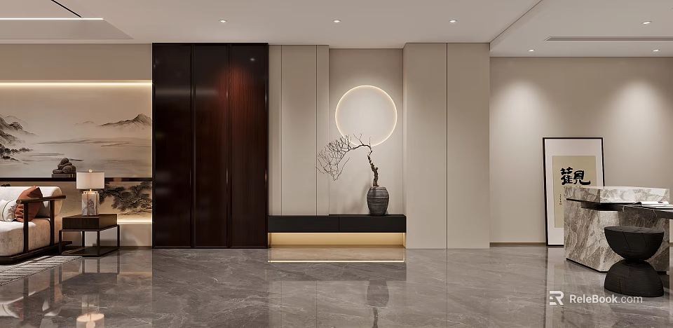 Elegant Modern Reception Room Interior Design With Marble Floor Round Light And Decorative Vase 3d model