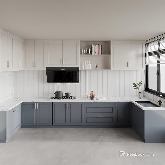 Modern Kitchen Interior With White Gray Cabinets Black Microwave And White Countertops 3d model