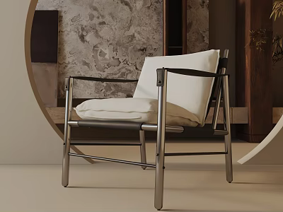 Modern Lounge Chair With Metal Frame And White Cushion In Minimalist Interior Space 3d model