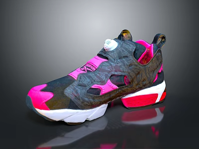 Stylish Black Pink Camouflage Sneakers With Breathable Mesh And White Red Sole 3d model