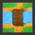 Wooden Bridge Scene With Blue Water Area Yellow Sand And Green Grass Patches