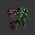 Ornate Red and Purple Armored Man with Spiked Shield and Gemstone Accents