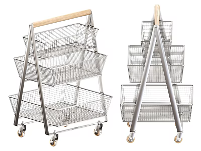 Multi Tier Utility Cart With Metal Frame Wooden Handle And Wire Baskets On Wheels 3d model