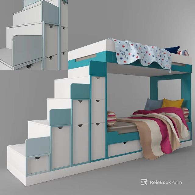 Modern Blue And White Bunk Bed With Staircase Drawers And Colorful Bedding 3d model 