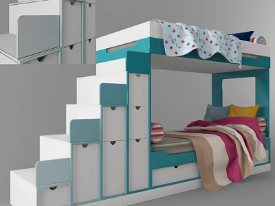 Modern Blue And White Bunk Bed With Staircase Drawers And Colorful Bedding 3d model