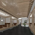 Modern Restaurant Interior With Wooden Ceiling Slatted Partitions Stone Bar And Bottle Shelves