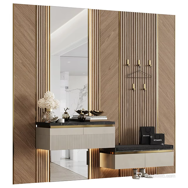 Elegant Modern Dressing Table With Wooden Slats Gold Accents Large Mirror And Countertop Ornaments 3d model 