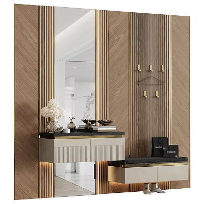 Elegant Modern Dressing Table With Wooden Slats Gold Accents Large Mirror And Countertop Ornaments 3d model