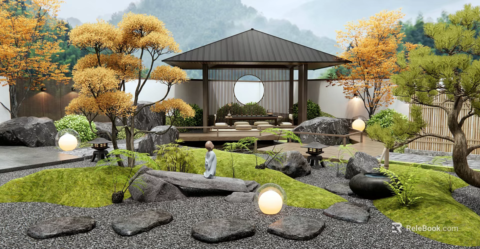 Japanese Courtyard Garden With Traditional Pavilion Circular Window Golden Trees And Rock Features 3d model 