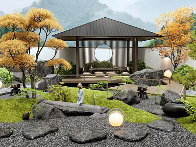 Japanese Courtyard Garden With Traditional Pavilion Circular Window Golden Trees And Rock Features 3d model