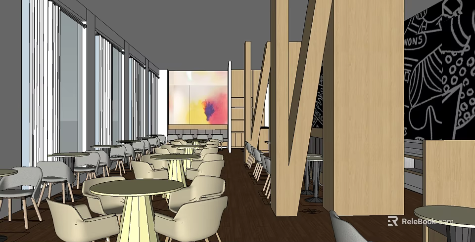 Modern Hotel Public Lounge With Round Tables Chairs Large Windows Wooden Partitions And Abstract Painting 3d model 