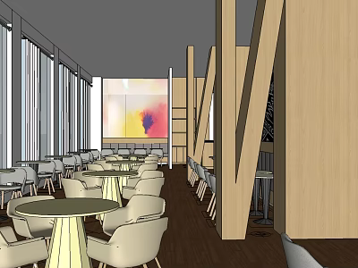 Modern Hotel Public Lounge With Round Tables Chairs Large Windows Wooden Partitions And Abstract Painting 3d model