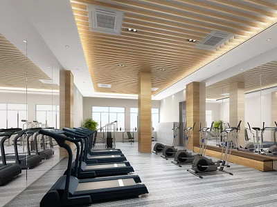 Modern Fitness Gym With Treadmills Exercise Bikes Mirrors Windows And Wooden Ceiling 3d model