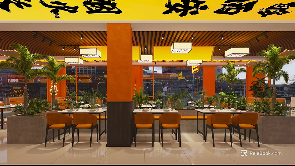 Bright Restaurant Interior With Yellow Signage Orange Columns Hanging Lights Green Plants And City View 3d model 