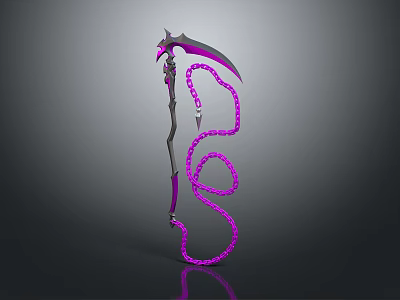 Purple Scythe Weapon Featuring Coiled Chain 3D Model Design With Curved Blade And Reflective Surface 3d model
