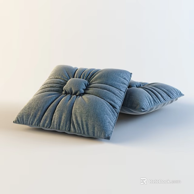 Soft Blue Velvet Tufted Pillows With Pleated Surface And Button Detail 3d model 