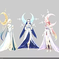 Three Women in Colorful Long Dresses with Moon and Star Decorations Standing Together